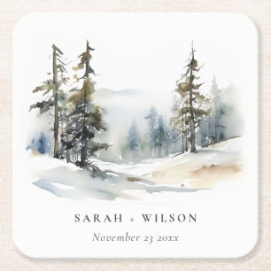 Winter Pine Tree Snow Landscape Watercolor Wedding Square Paper Coaster