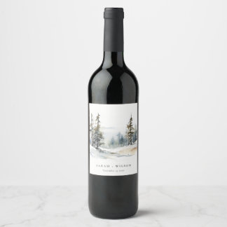 Winter Pine Tree Snow Landscape Watercolor Wedding Wine Label
