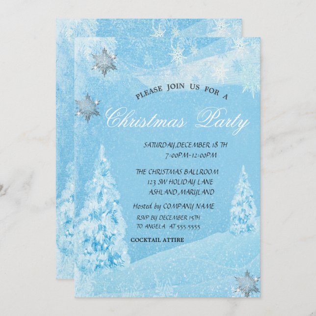 Winter, Pine Tree,Snowflakes  Christmas Party Invitation (Front/Back)