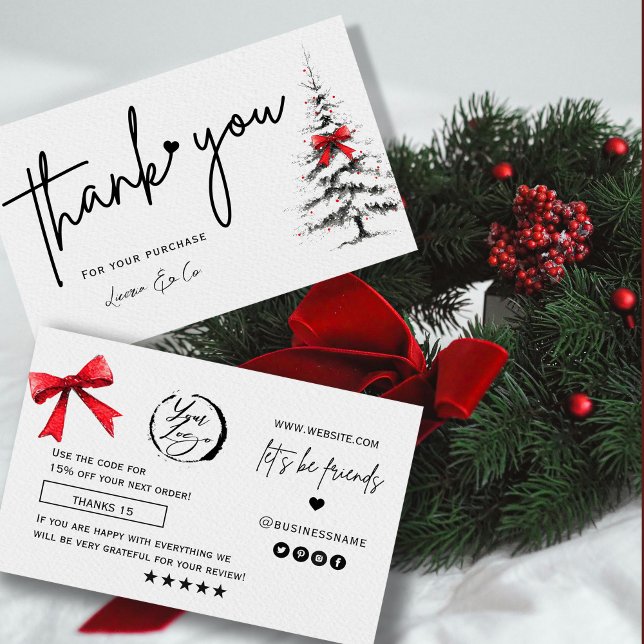 Winter Pine Tree Thank You Card  (Winter Pine Tree Thank You Card #redbow #pinetreewithredbow #caligraphic #holidaycard #christmascard)