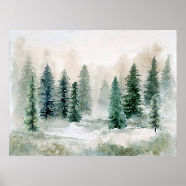 Winter Pine Tree Watercolor Landscape Poster (Front)