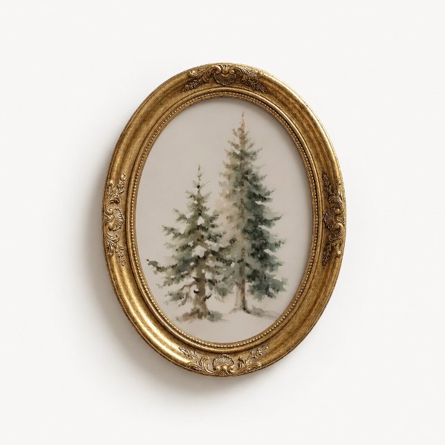 Winter Pine Tree Watercolor Poster (Winter Pine Tree Wall Art Poster - close-up view (frame/decor not included))