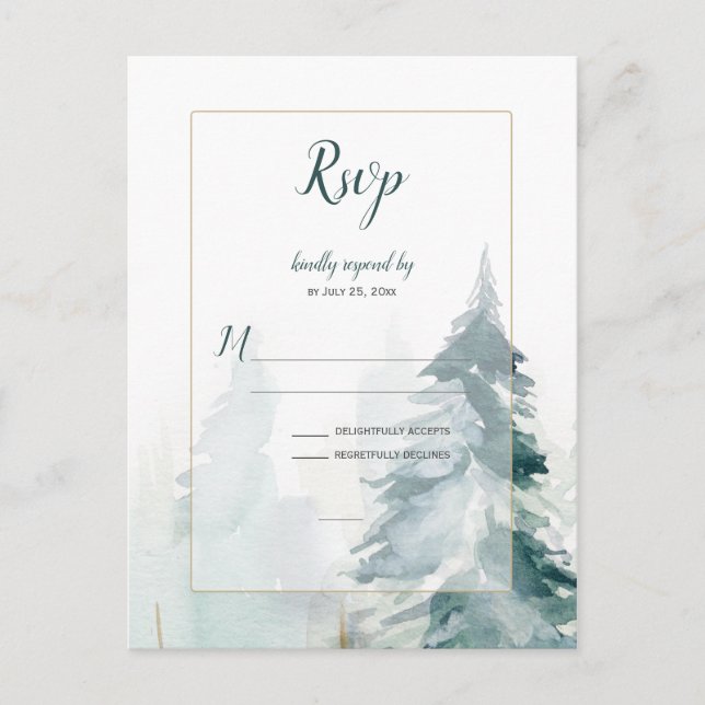 Winter Pine Tree Wedding RSVP Postcard (Front)
