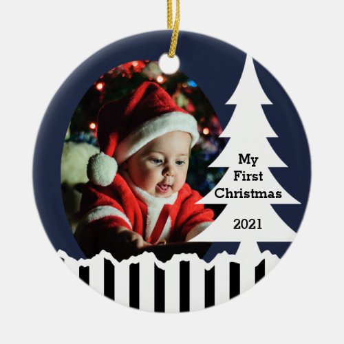 Winter Pine Trees and Stripes Photo Ceramic Ornament