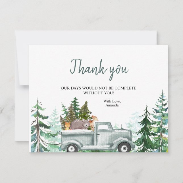 Winter Pine Trees Animals Truck Thank you Card (Front)