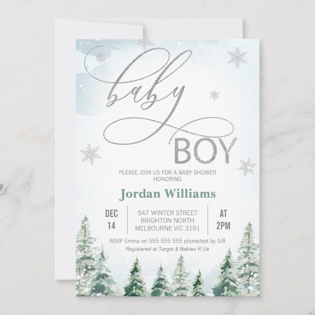 Winter Pine Trees Baby Boy Baby Shower Invitation (Front)