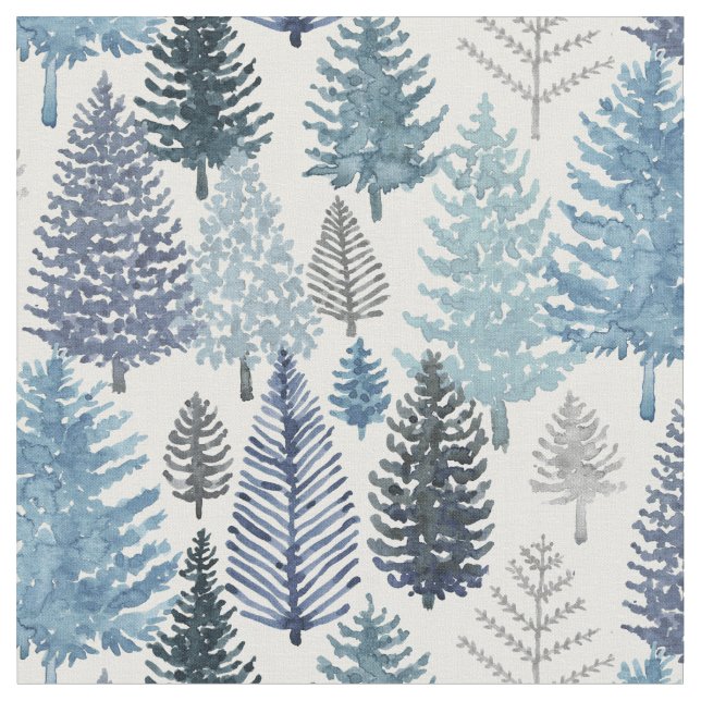 Winter Pine Trees Blue Gray  Fabric (Close Up)