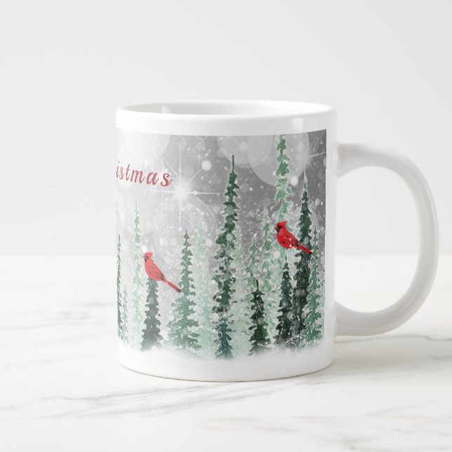 Winter Pine Trees Christmas Red Cardinals Giant Coffee Mug (Right)