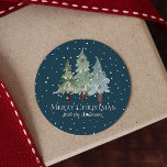 Winter Pine Trees Classic Round Sticker<br><div class="desc">Pine trees family name Christmas stickers. Customizable!</div>