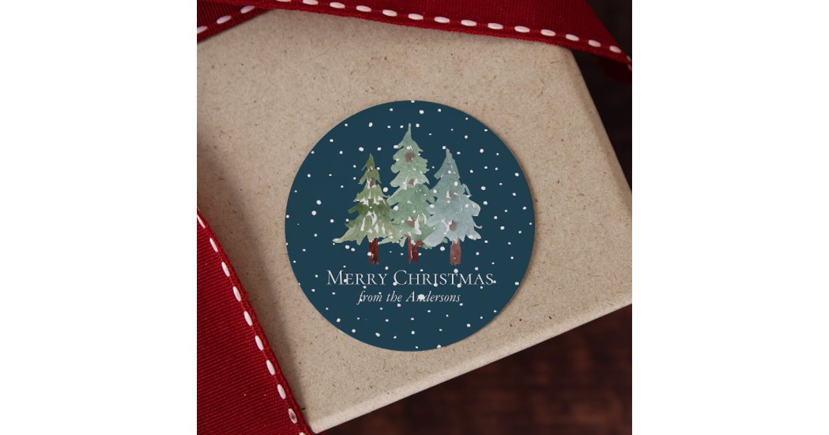 Round Winter Sticker Winter Pine Trees Classic Round Sticker | Zazzle