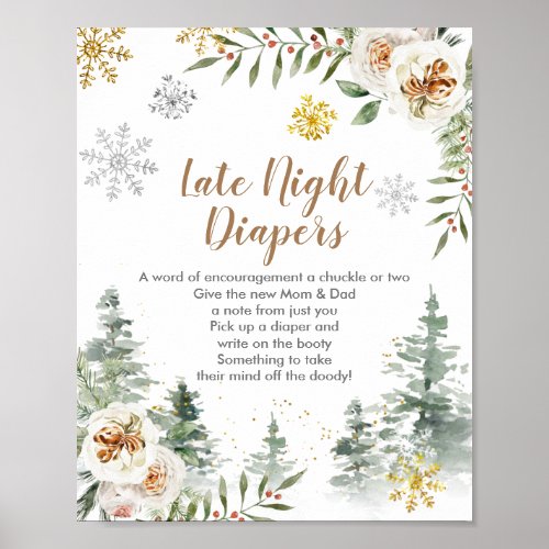 Winter Pine Trees Late Night Diapers Sign Poster
