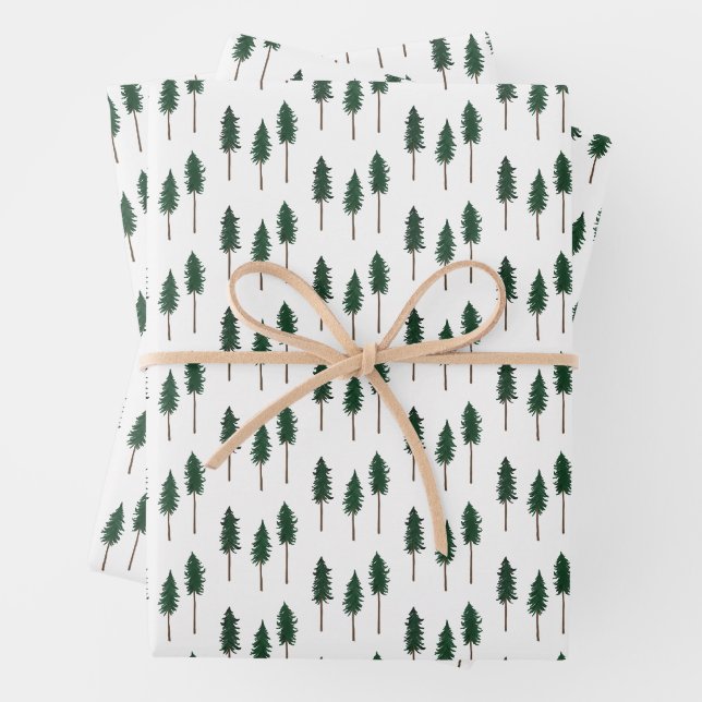 Winter Pine Trees Minimalist Retro Forest Pattern  Wrapping Paper Sheets (In situ)