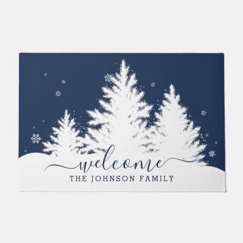 Winter Pine Trees Script Welcome Doormat