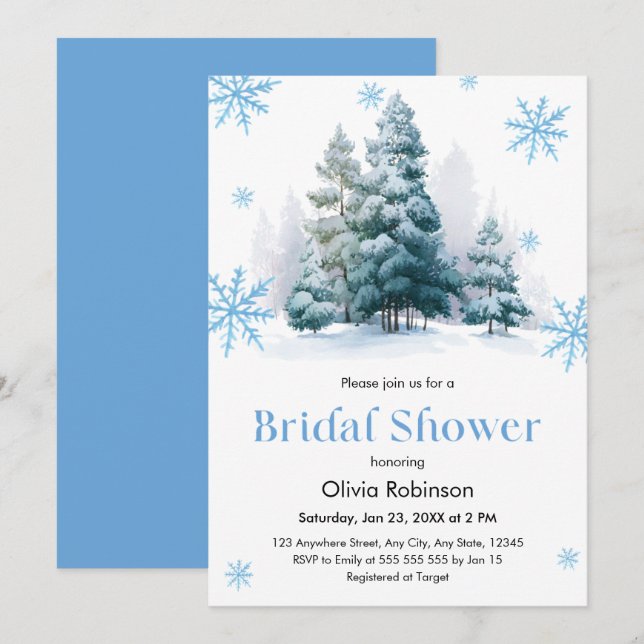 Winter Pine Trees Snowflakes Bridal Shower Invitation (Front/Back)