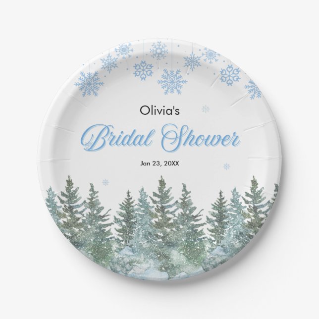 Winter Pine Trees Snowflakes Bridal Shower Paper Plates (Front)