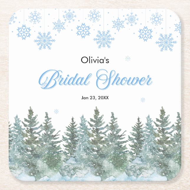 Winter Pine Trees Snowflakes Bridal Shower  Square Paper Coaster (Front)
