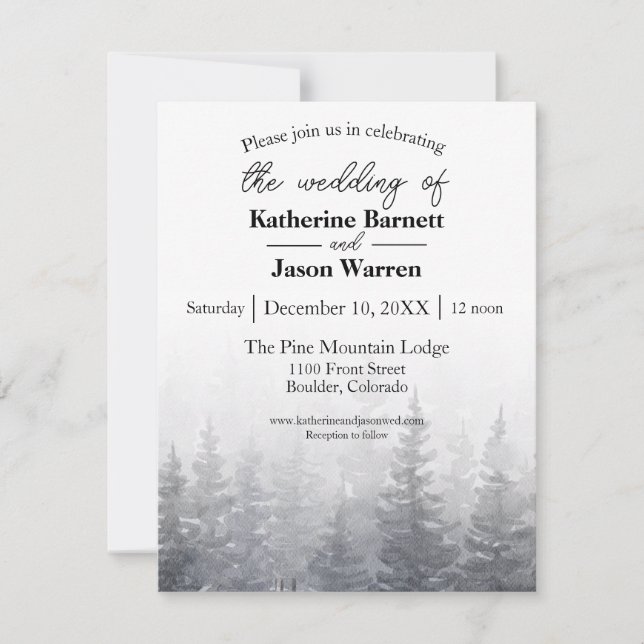 Winter Pine Trees Watercolor Wedding Invitation (Front)
