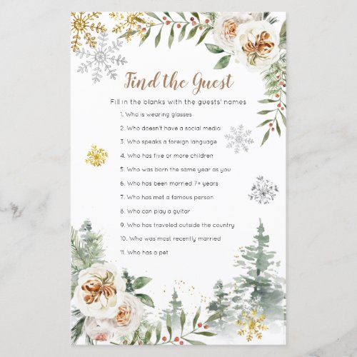 Winter Pine Trees white floral Find the Guest game