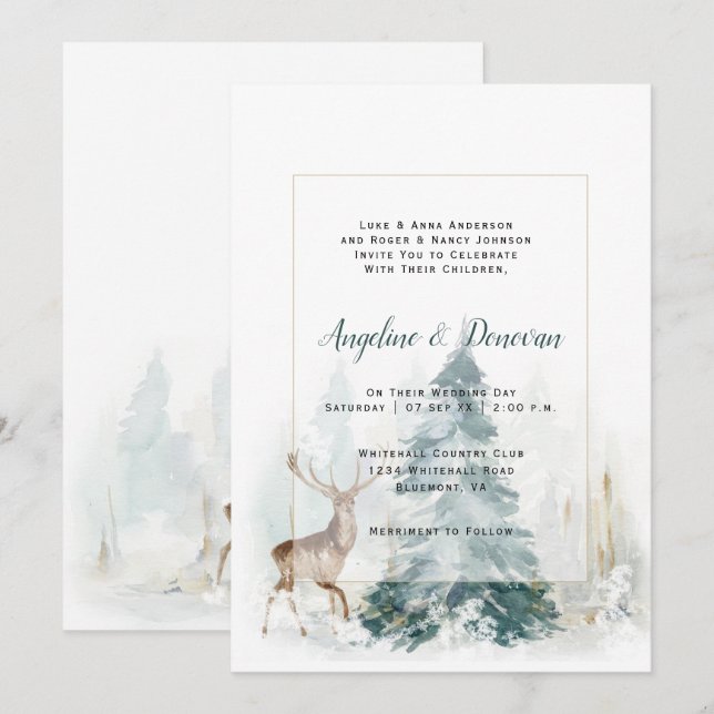 Winter Pine Trees with Stag Wedding Invitation (Front/Back)