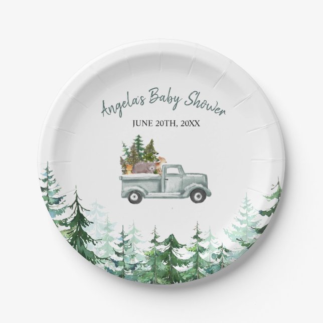 Winter Pine Trees Woodland Animals Paper Plates (Front)