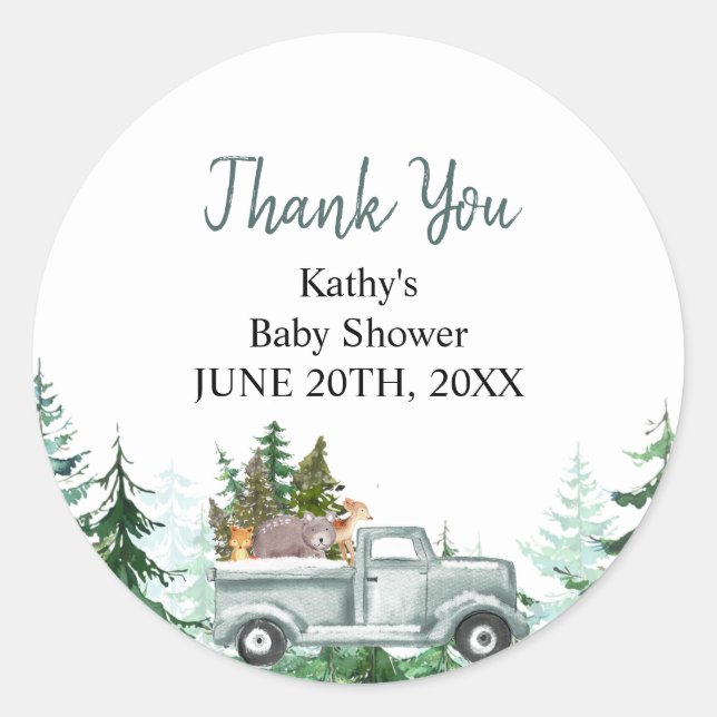 Winter Pine Trees Woodland Animals Thank You  Classic Round Sticker (Front)