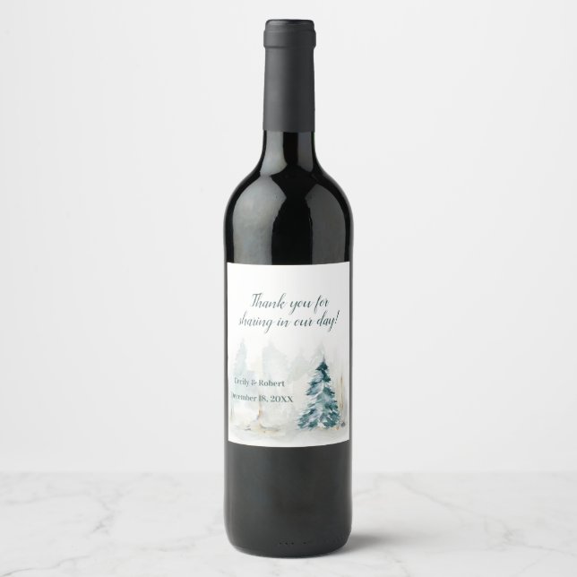Winter Pine Wedding Wine Label (Front)