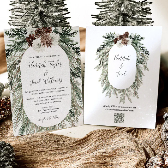 Winter Pine White Floral Wedding with QR Code RSVP Invitation | Zazzle