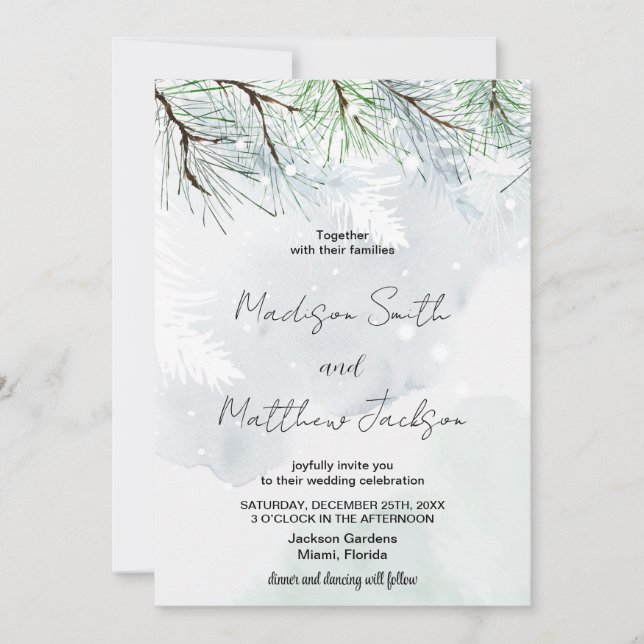 Winter Pine White Snow Wedding Invitations (Front)