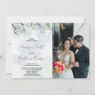 Winter Pine White Snow Wedding Invitations w photo