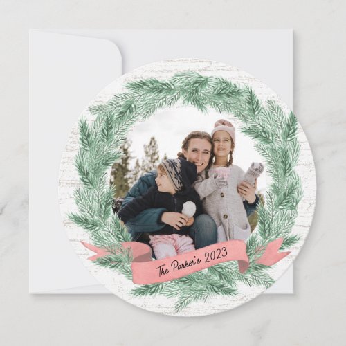 Winter Pine Wreath and Banner with Photo Holiday Card