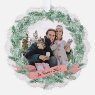 Winter Pine Wreath and Banner with Photo Ornament Card