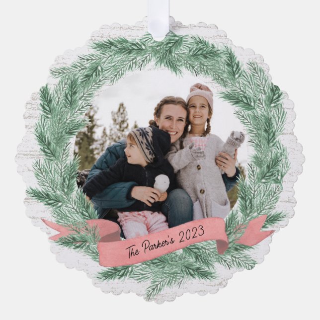 Winter Pine Wreath and Banner with Photo Ornament Card (Front)