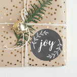 Winter Pine Wreath Christmas Joy Classic Round Sticker<br><div class="desc">Custom-designed Christmas envelope seals and gift stickers featuring "joy" hand script with white pine branches on chalkboard style background.</div>