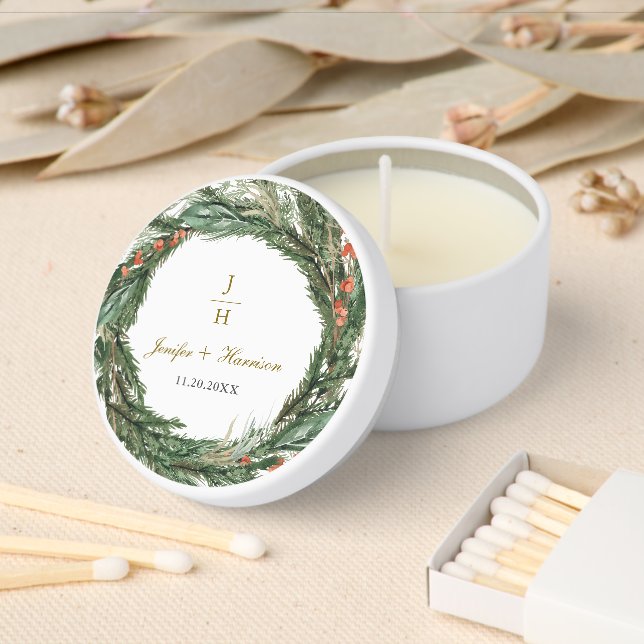 Winter Pine Wreath Classic Monogram Wedding Mini Candle Favors (Insitu)