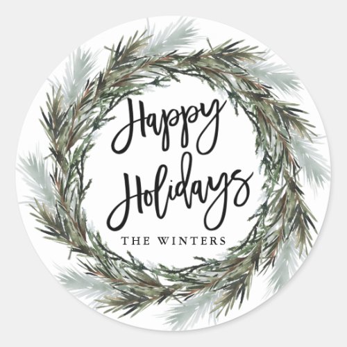 Winter Pine Wreath Happy Holidays  Classic Round Sticker