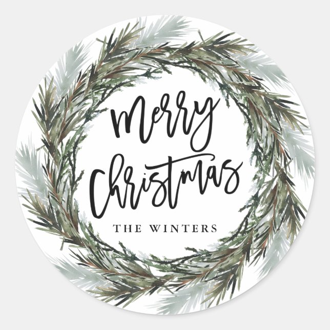 Winter Pine Wreath Merry Christmas Classic Round S Sticker (Front)