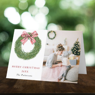 Winter Pine Wreath Red Bow Two Photo Christmas Holiday Card