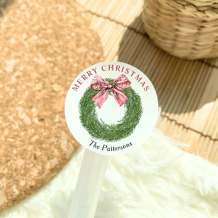 Winter Pine Wreath Striped Red Bow Merry Christmas Classic Round Sticker
