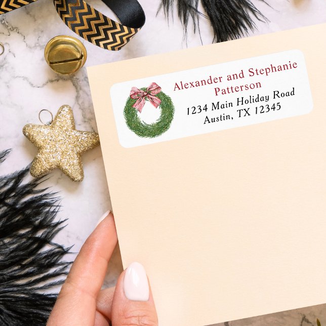 Winter Pine Wreath Stripes Red Bow Christmas Label (Creator Uploaded)