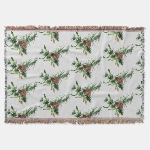 Winter Pinecone and Evergreen Branch Pattern Throw Blanket