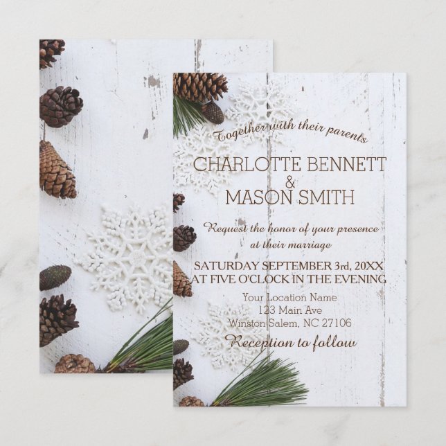 Winter Pinecone and Snowflakes Wedding Card (Front/Back)
