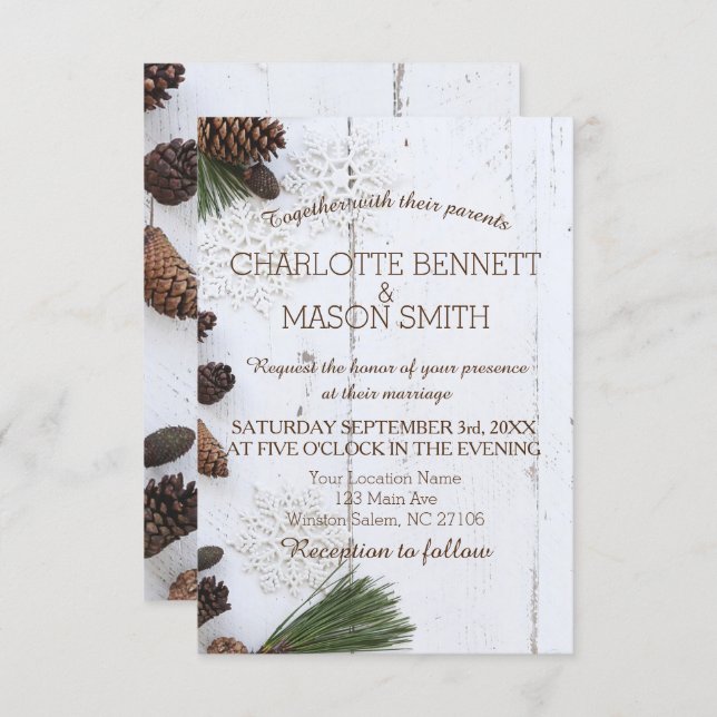 Winter Pinecone and Snowflakes Wedding Card (Front/Back)