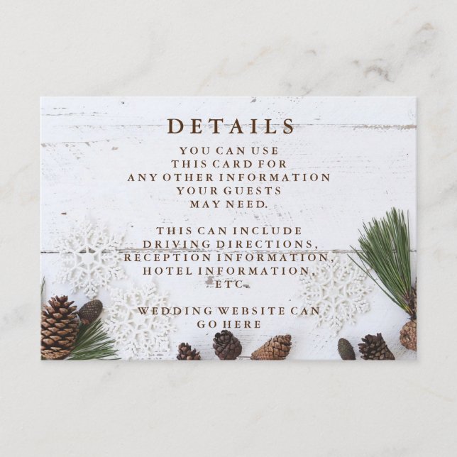 Winter Pinecone and Snowflakes Wedding Details Enclosure Card (Front)