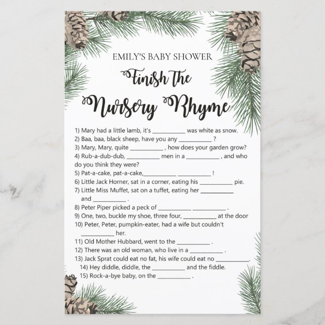 Winter Pinecone Baby Shower Game with Answer (Front)