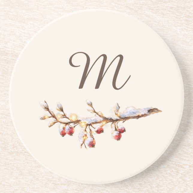 Winter Pinecone & Berry  Monogram Coaster (Front)