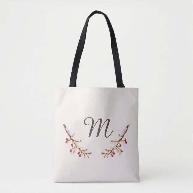 Winter Pinecone & Berry  Monogram Tote Bag (Front)