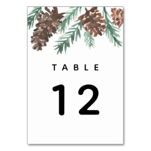 Winter Pinecone Watercolor Modern Wedding Table Number