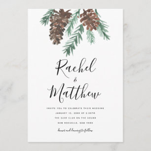 Winter Pinecone Watercolor Wedding Invitation