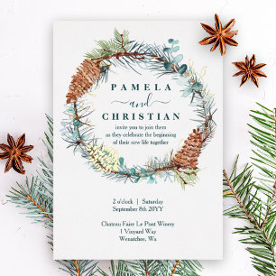 Winter Pinecone Wreath, Eucalyptus Wedding Foil Invitation