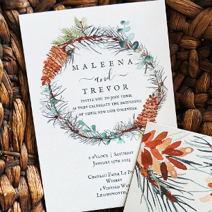 Winter Pinecone Wreath, Eucalyptus Wedding Invitation